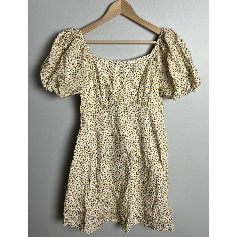 Doe & Rae Puff Sleeve Floral Mini Dress White Yellow Ditsy Print Size Medium Wm